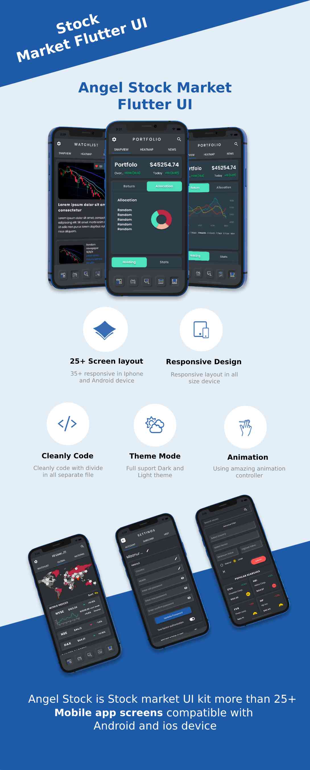 Angle Stock Market Android App Template + iOS App Template | Flutter | Stock Market UI - 2