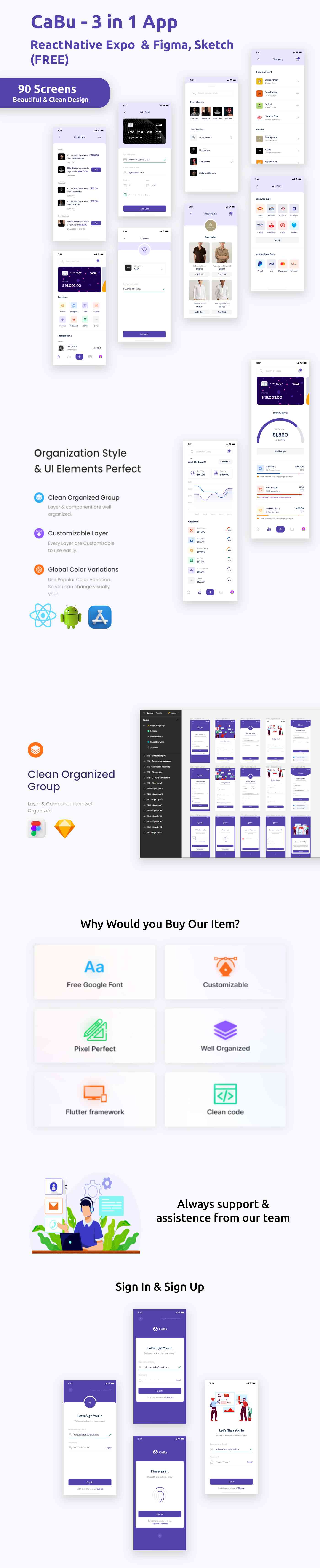 Multi-Purpose(3 Apps in 1) ANDROID + IOS + FIGMA + Sketch | UI Kit | CaBu | ReactNative Expo - 1
