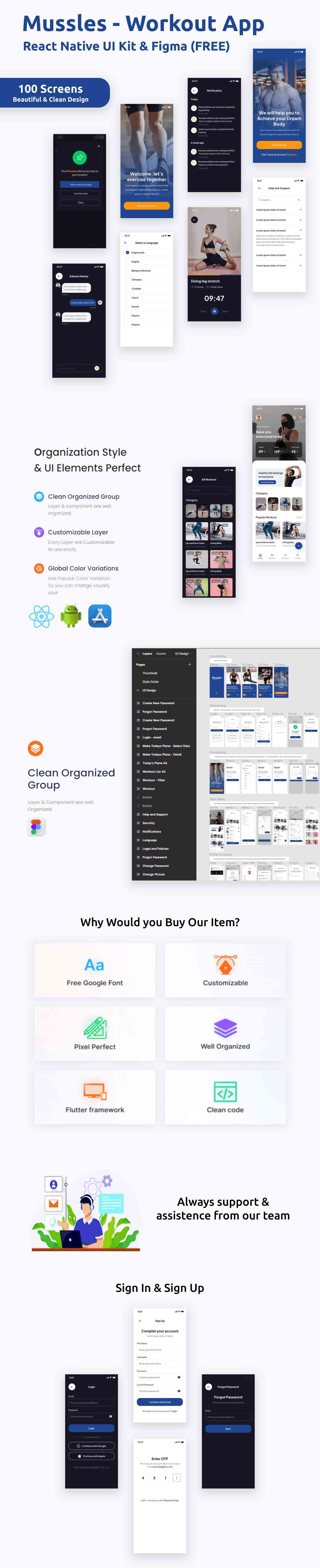 Workout Apps | UI Kit | React Native | Figma (FREE) | Mussles - 1