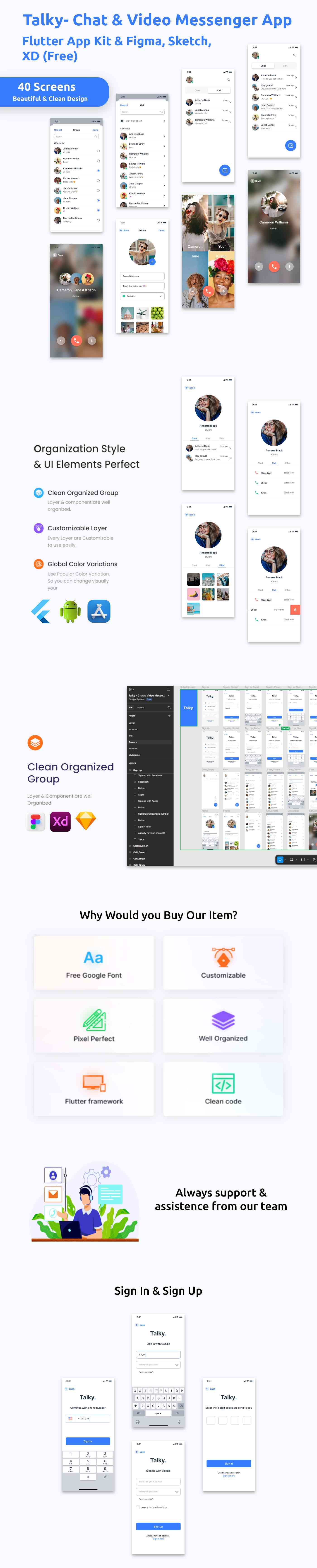 Chat & Video Messenger App ANDROID + IOS + FIGMA + XD + Sketch | UI Kit | Flutter | Talky